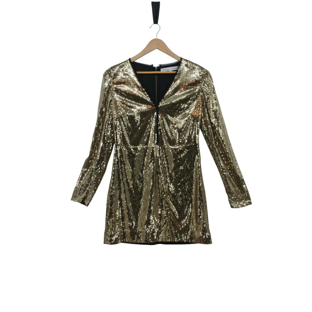 Rebecca Minkoff Gold Sequin V-Neck Long Sleeve Mini Dress 10